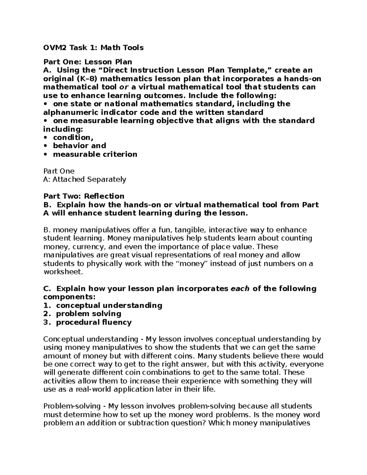OVM2 Task 1 Math Lesson Plan With Hands On Tools And Reflection Studocu