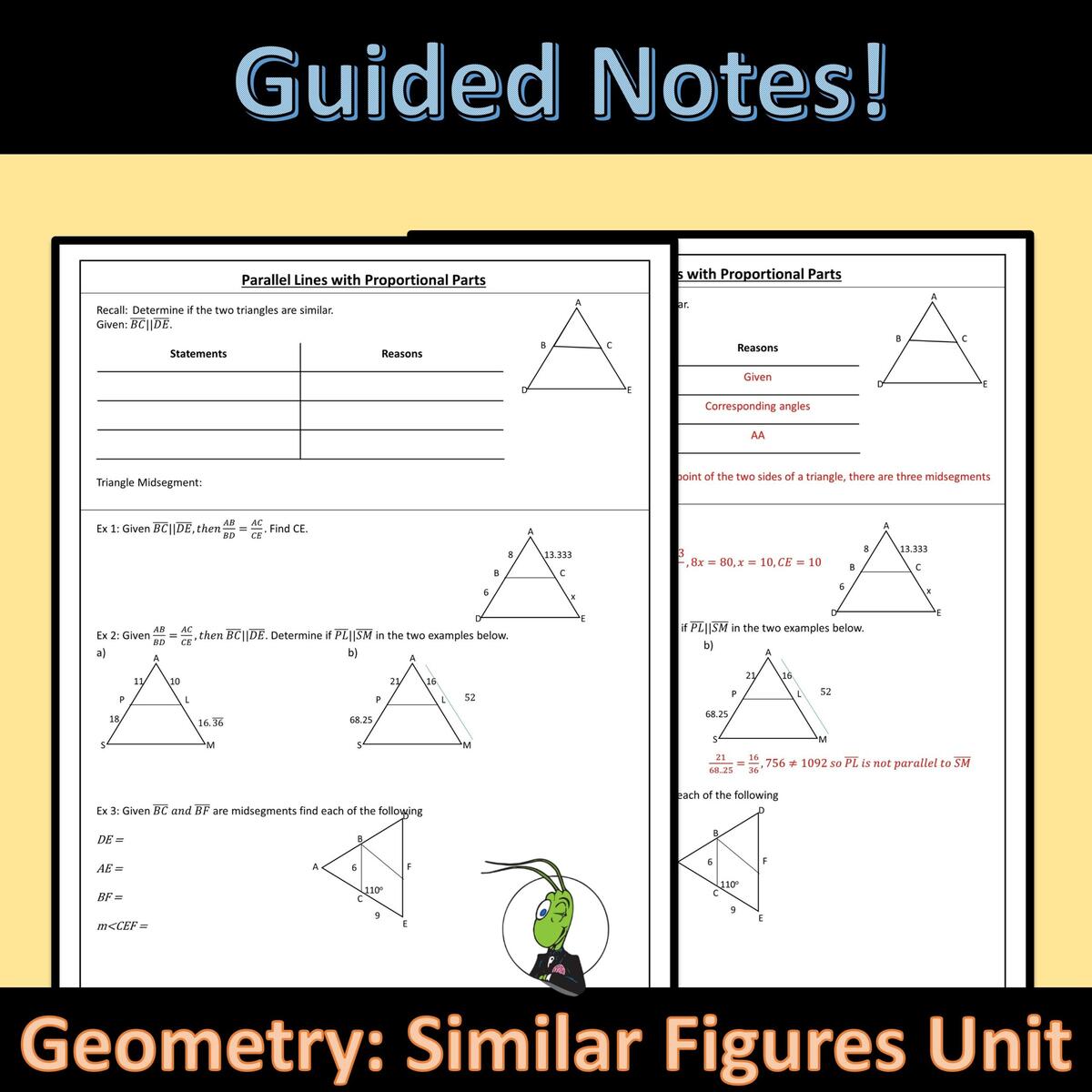 Parallel Lines Proportional Parts Guided Notes Similar Polygons Unit Geometry Classful