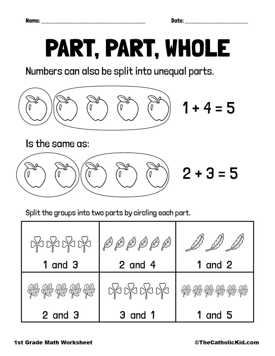Part Whole Fractions 1st Grade Math Worksheet Catholic TheCatholicKid