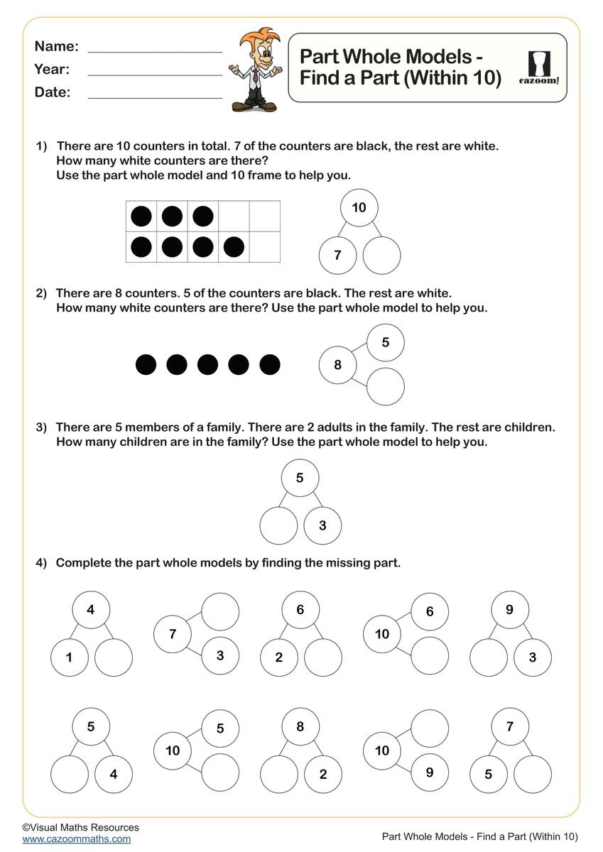 Part Whole Models Find A Part Within 10 Worksheet Printable PDF Year 1 Subtraction Worksheet