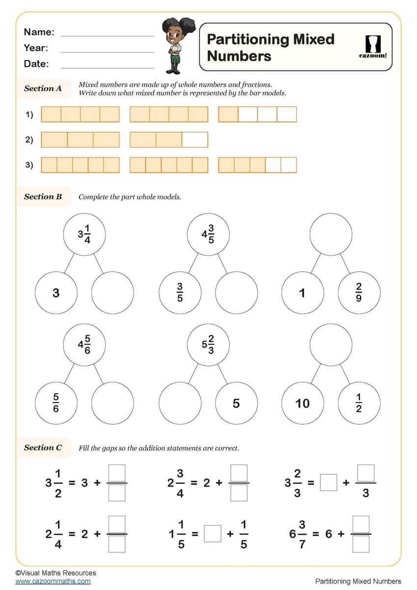 Partitioning Mixed Numbers Worksheet Fun And Engaging Year 4 PDF Worksheets