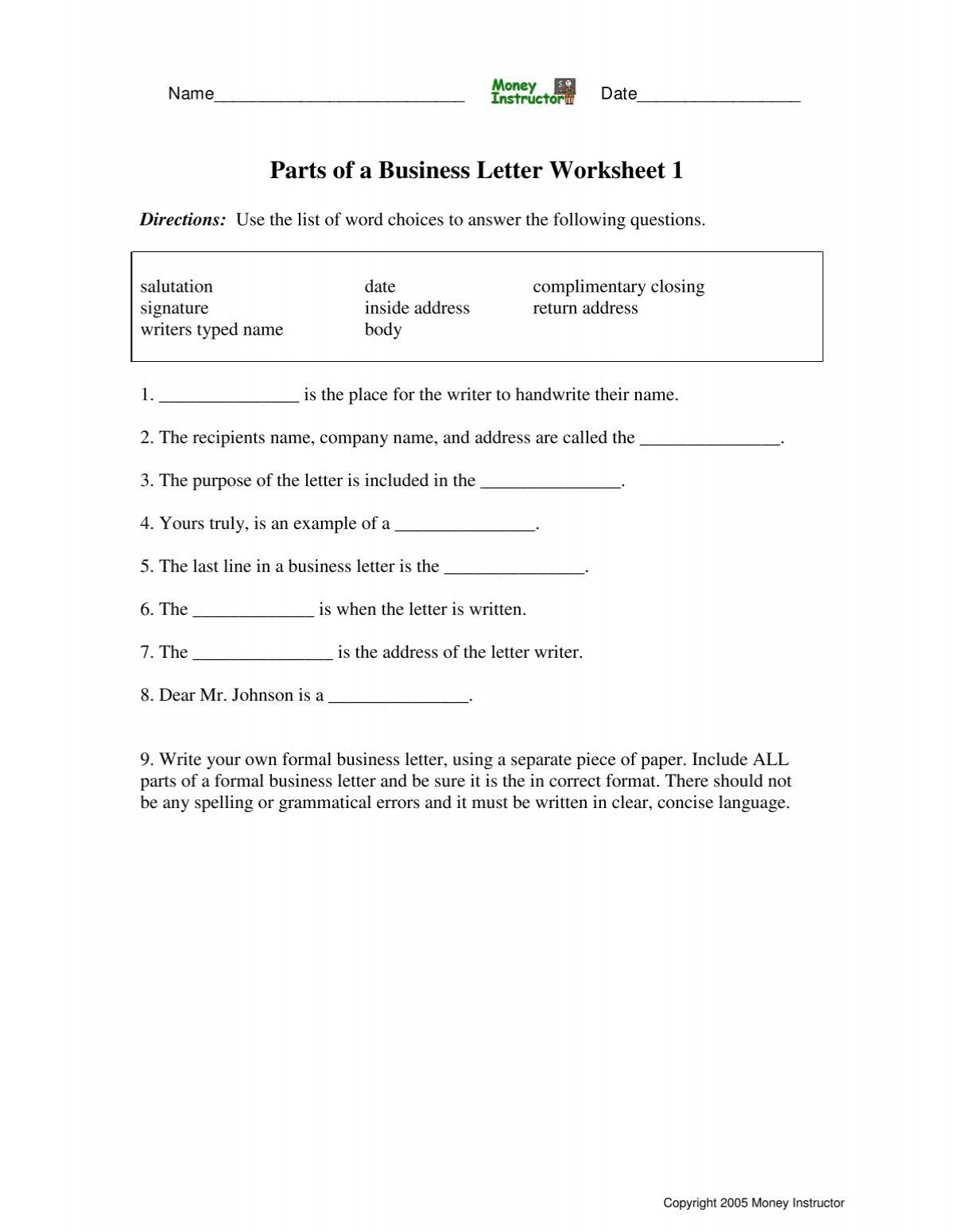 Parts Of A Business Letter Worksheet 1