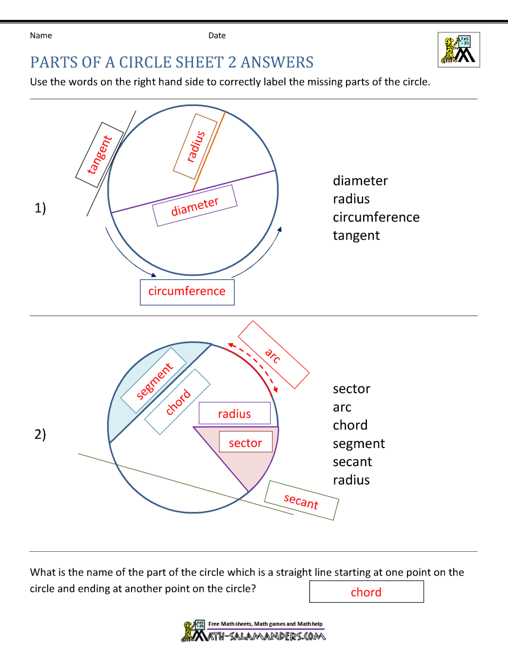 Parts Of A Circle Worksheet