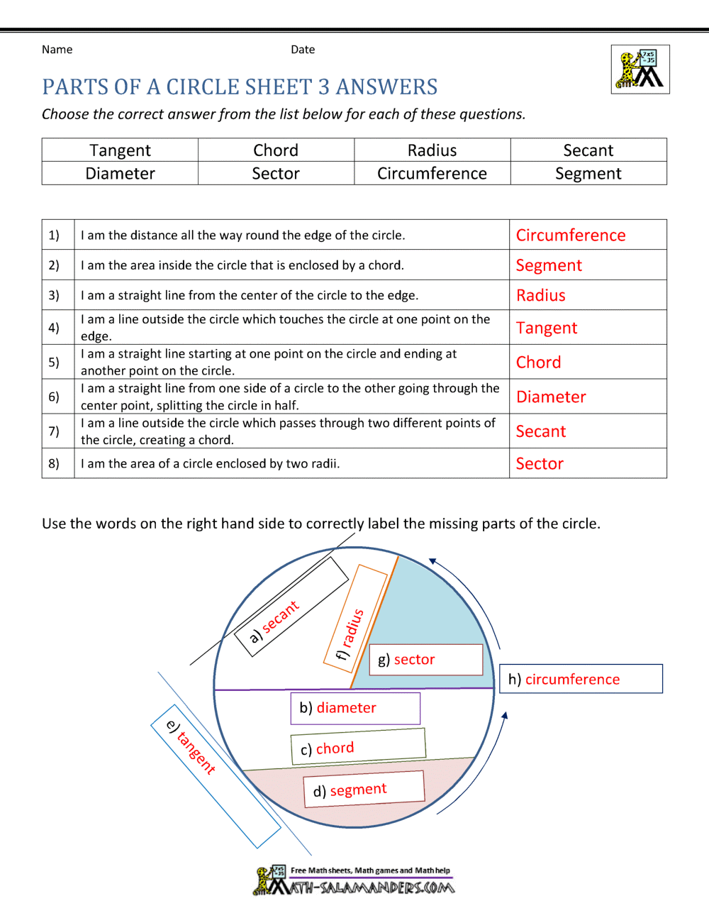 Parts Of A Circle Worksheet