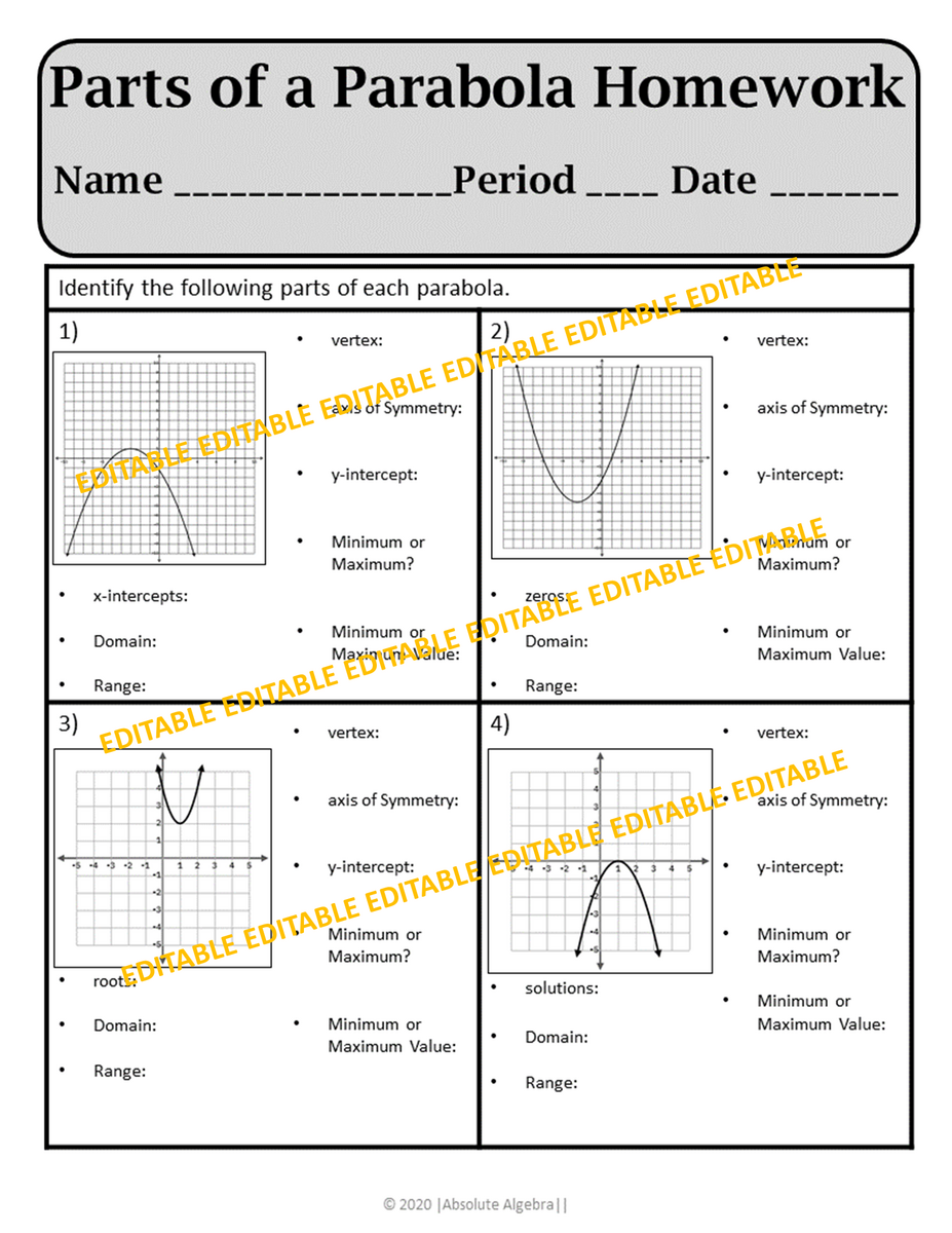 Parabola Review Worksheet Mrmillermath