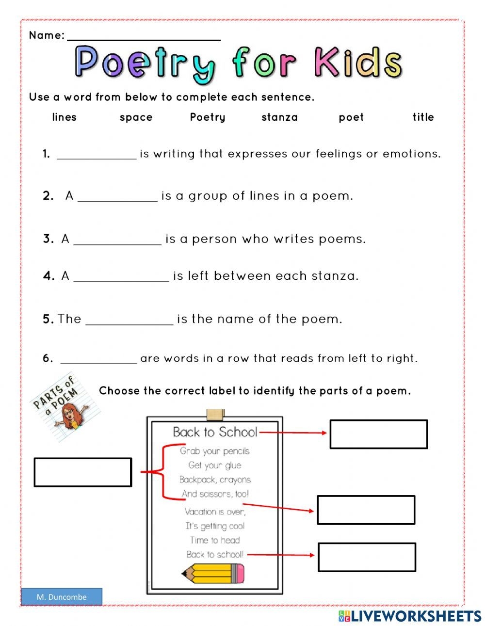 Parts Of A Poem Interactive Worksheet