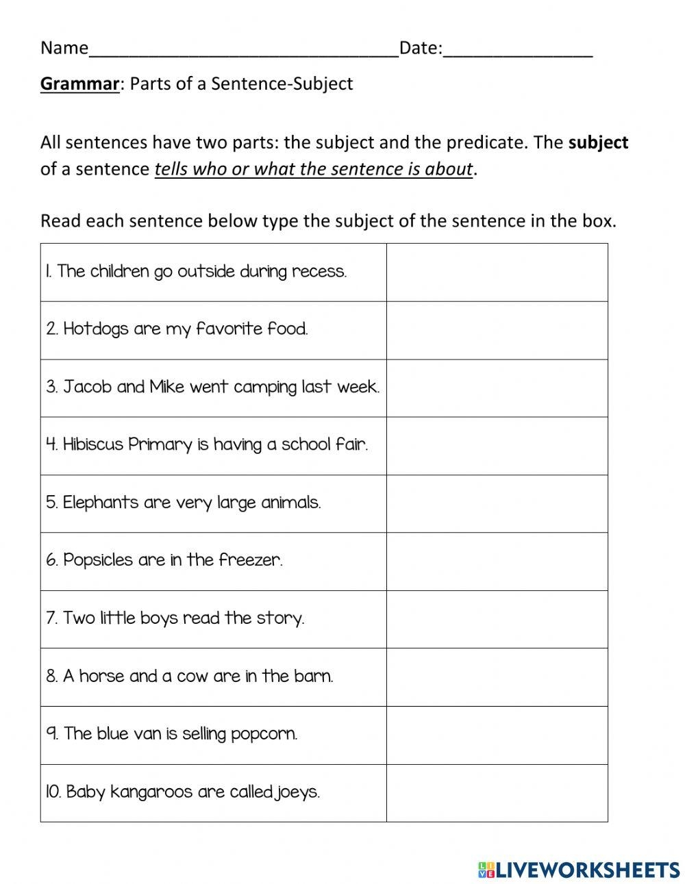 Parts Of A Sentence Free Online Exercise Worksheets Library Parts Of A Sentence Free Online Exercise Worksheets Library