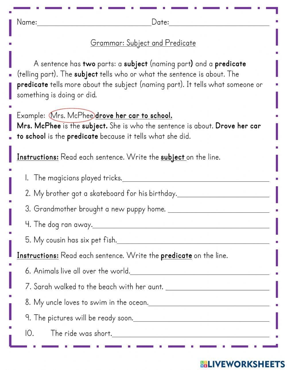 Parts Of A Sentence Subject And Predicate Worksheet Worksheets Library Sentences Worksheets Complex Sentences Worksheets