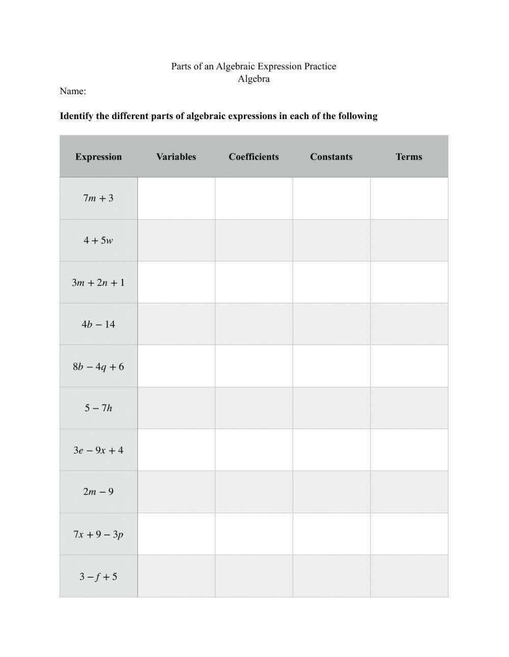 Parts Of An Algebraic Expression Practice Worksheet Worksheets Library Parts Of An Algebraic Expression Practice Worksheet Worksheets Library