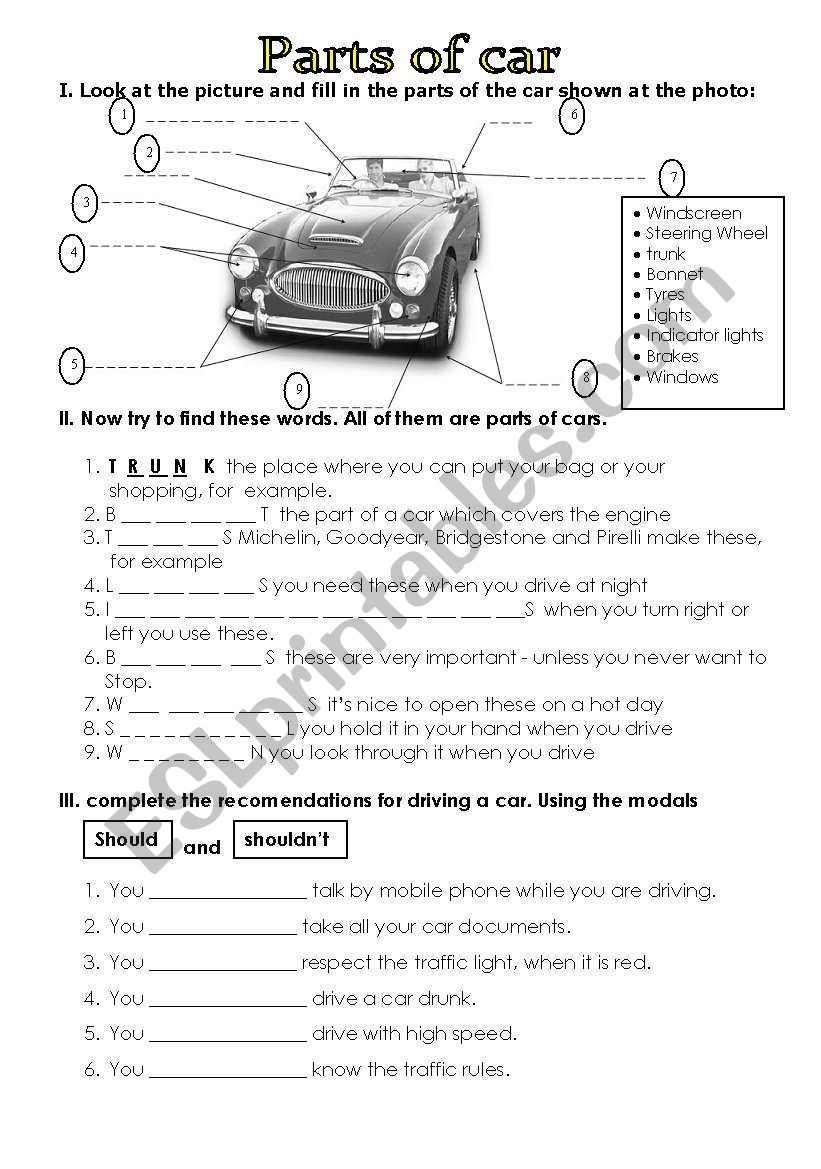 Parts Of Car ESL Worksheet By Marycucha
