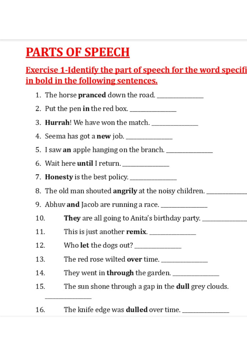 PARTS OF SPEECH Exercise 1 Identify The Part Of Speech For The Word Speci
