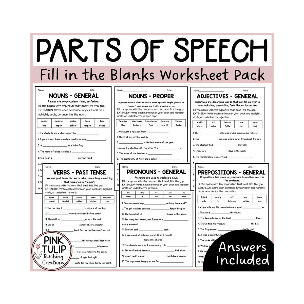Parts Of Speech Fill The Blanks Worksheets Etsy