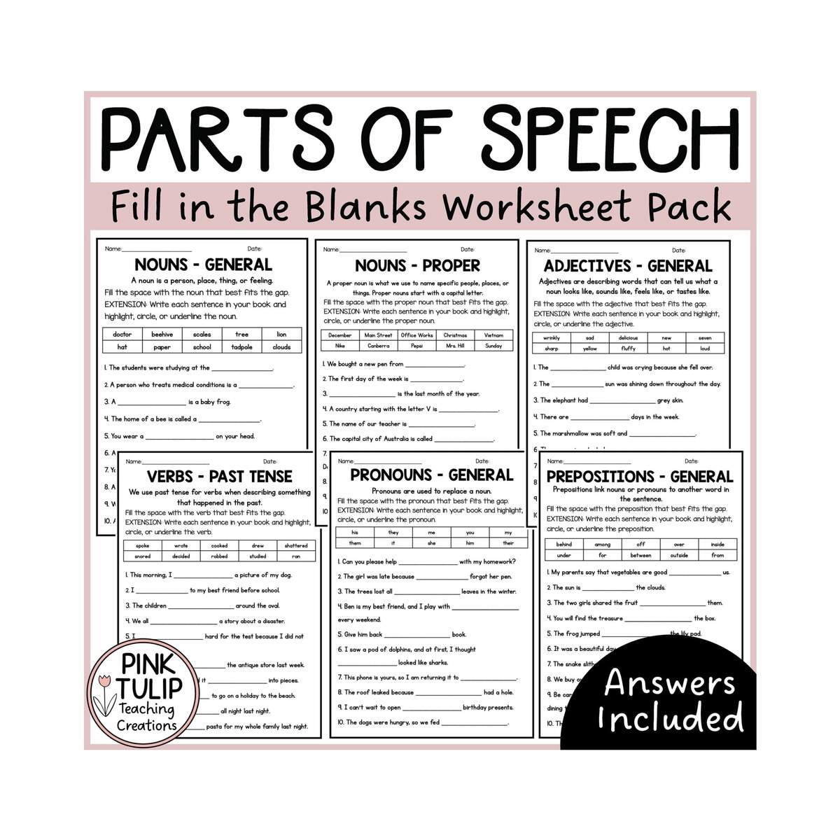 Parts Of Speech Fill The Blanks Worksheets Etsy Sweden