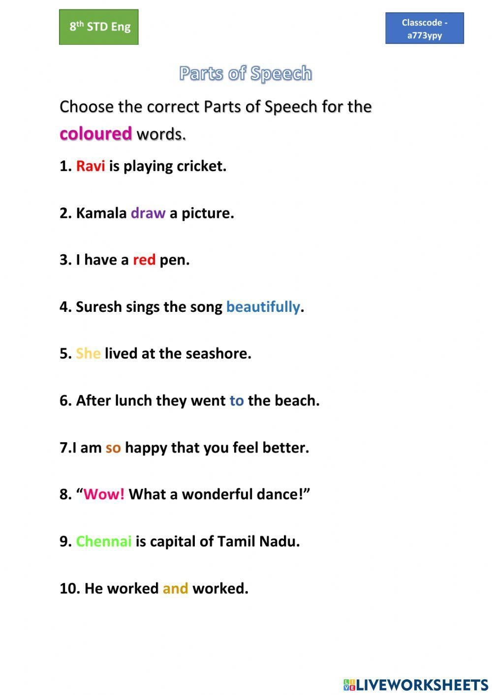 Parts Of Speech Interactive Activity For Grade 8 Worksheets Library