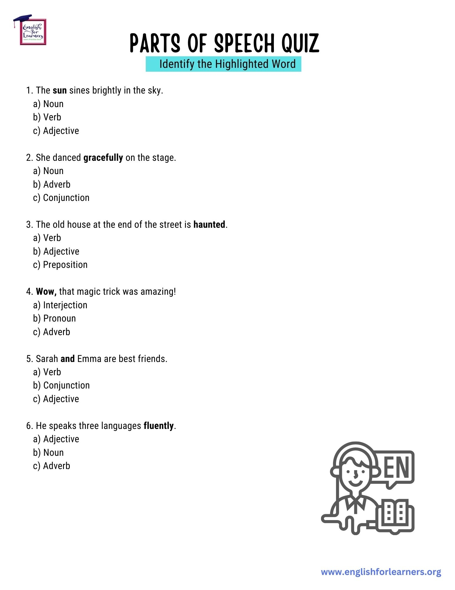 Parts Of Speech Quiz Identify The Parts Of Speech Worksheets