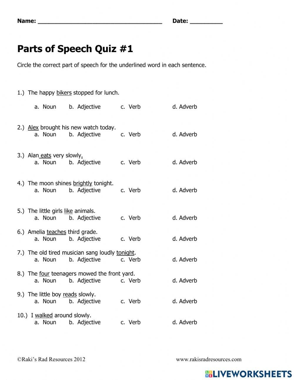 Parts Of Speech Review Online Exercise For Worksheets Library