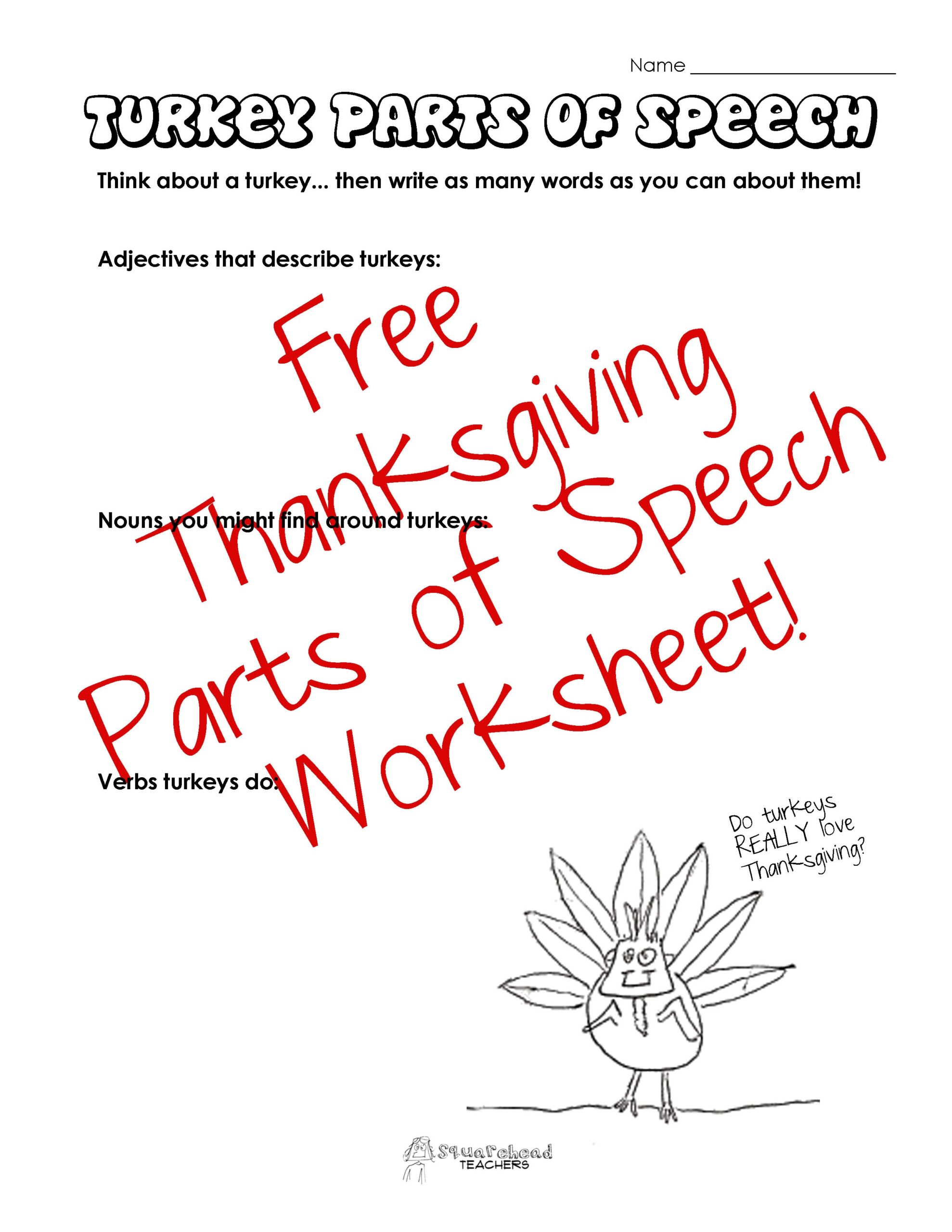 Parts Of Speech Thanksgiving Turkey Squarehead Teachers