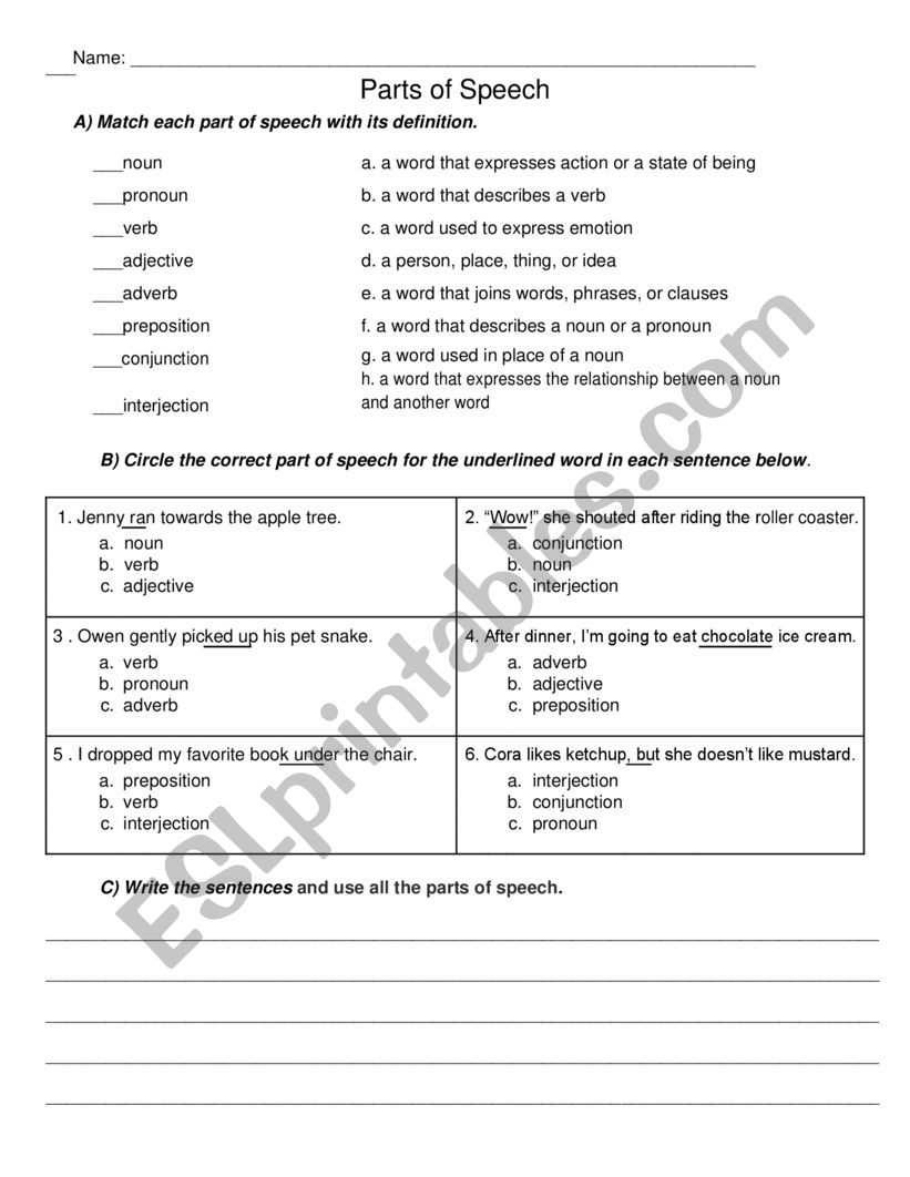 Freebie Parts Of Speech Visual Aid Susan S Learning Connection
