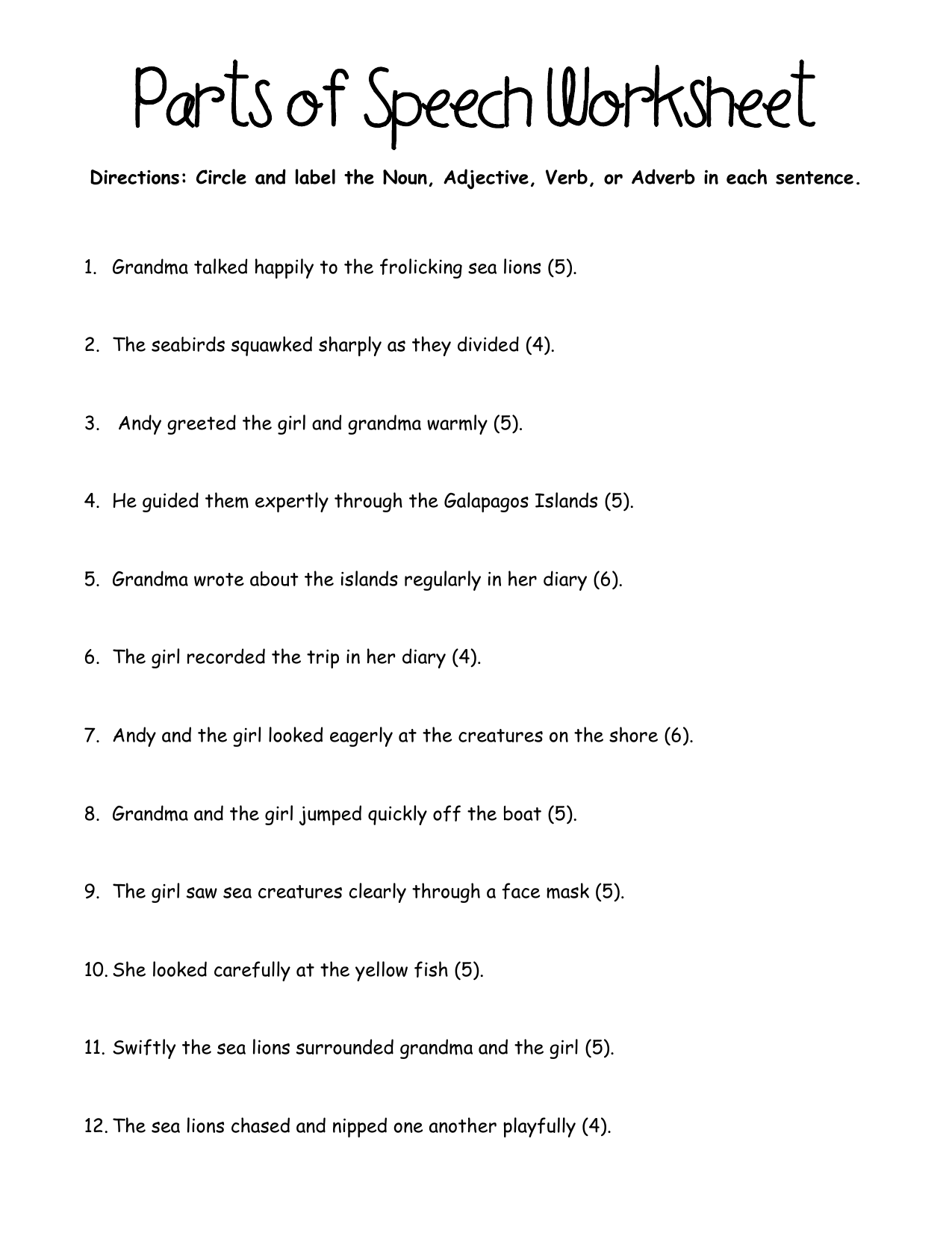 Parts Of Speech Worksheet Noun Adjective Verb Adverb
