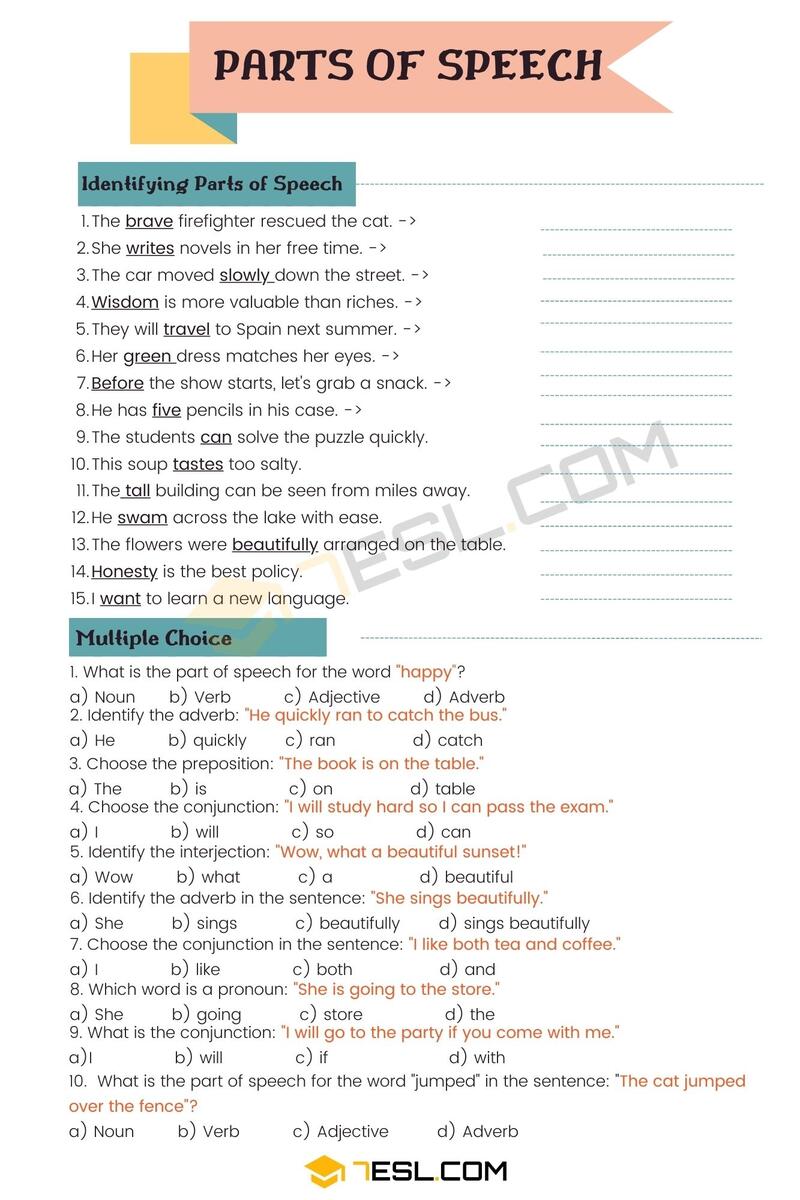 Parts Of Speech Worksheet Parts Of Speech Exercises 7ESL