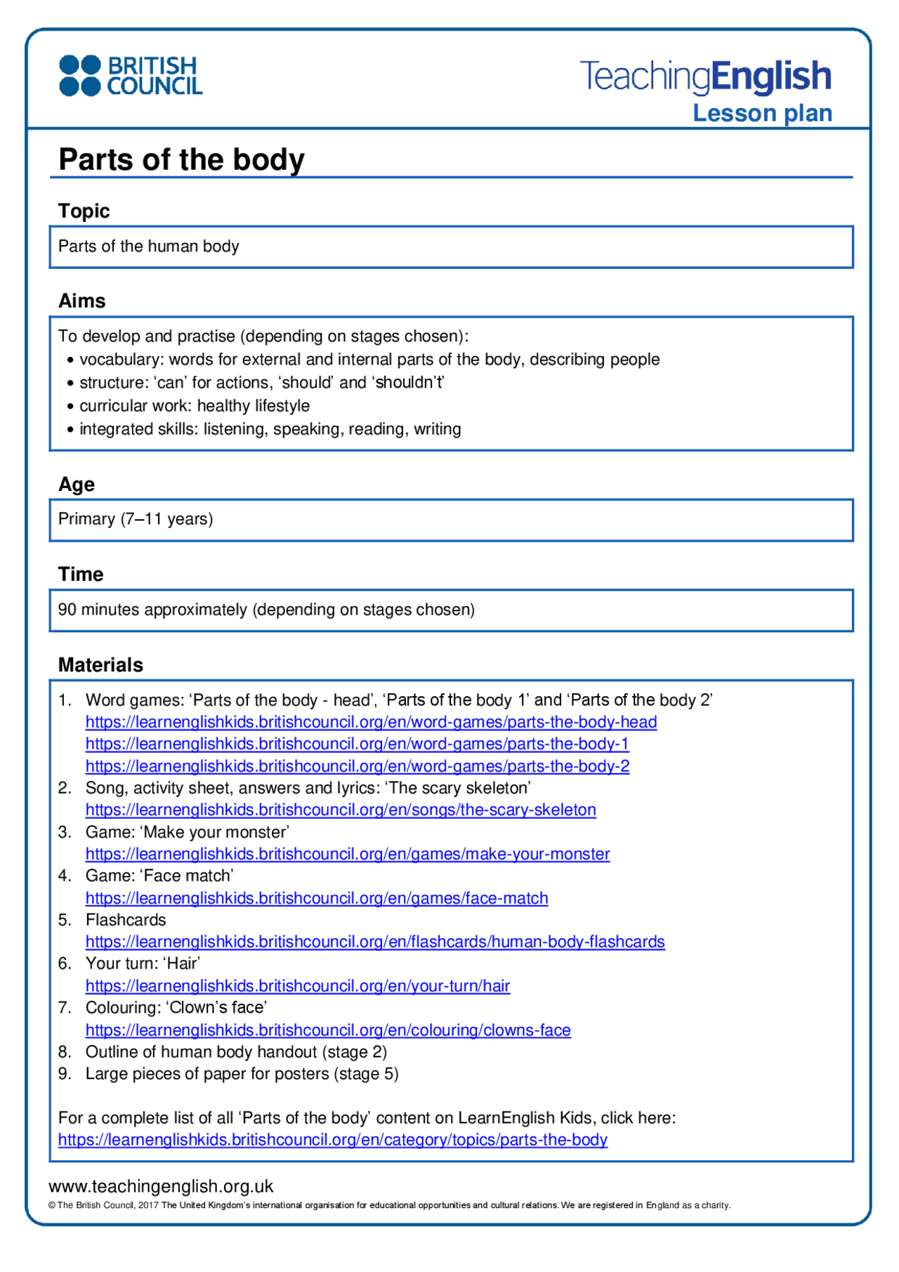 Parts Of The Body Lesson Plan For Primary School 7 11 Years Dispense Di Lingua Inglese Docsity