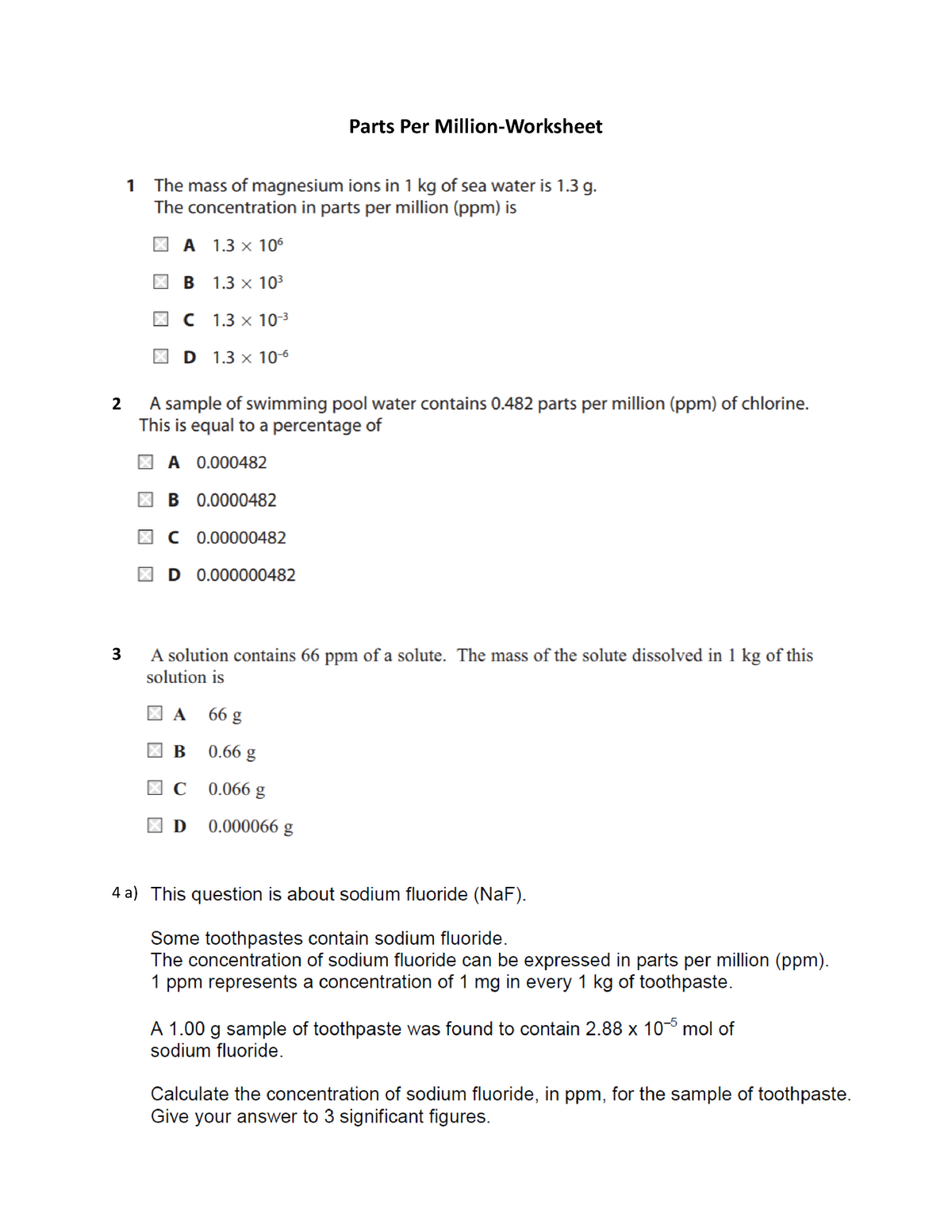 Parts Per Million WS PPM Practice Worksheet Chemical Worksheets Library