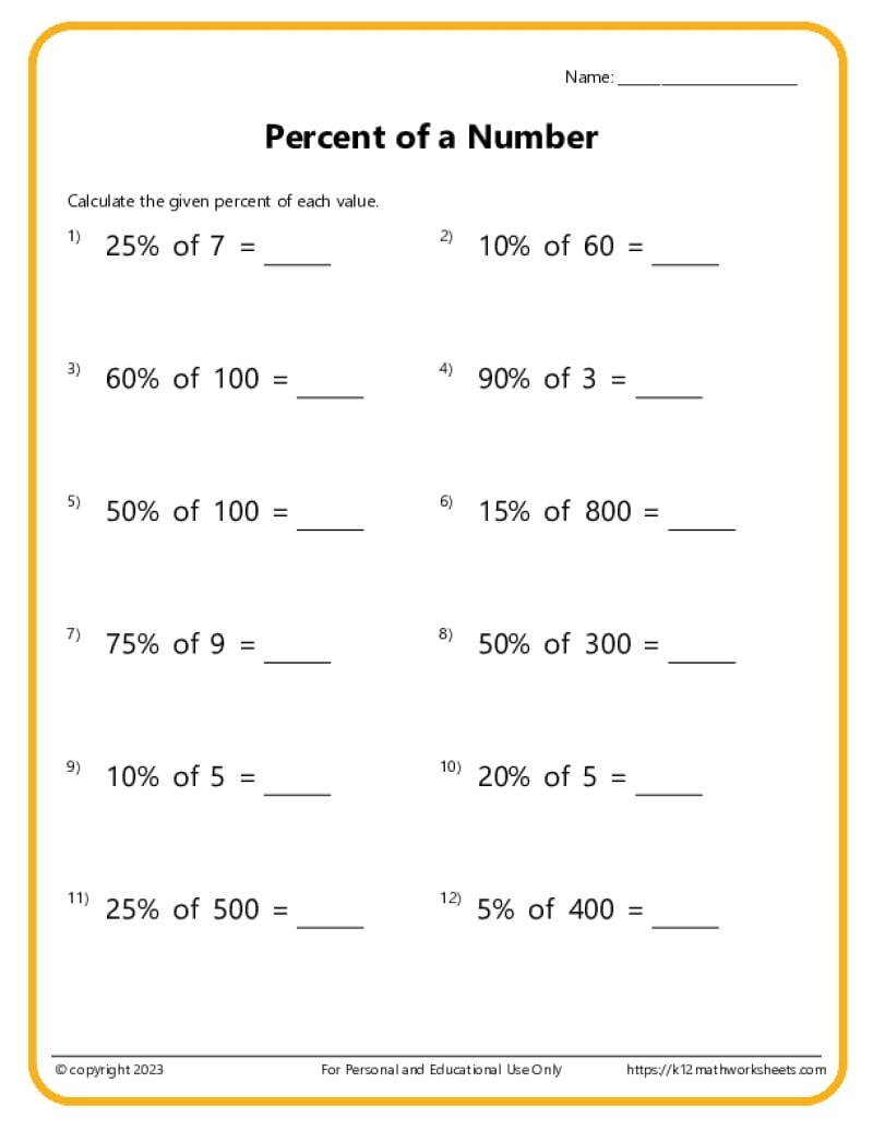 Percent Of A Number Worksheets Basic Percentage Word Problems