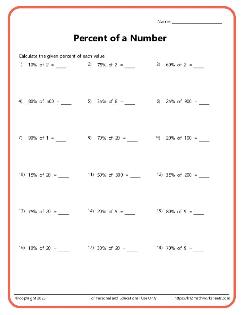 Percent Of A Number Worksheets