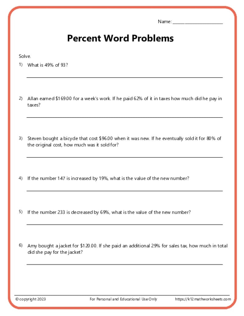 Percent Word Problems Worksheets K12 Math Worksheets 6th Grade Percent Word Problems