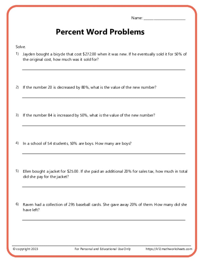 Percent Word Problems Worksheets K12 Math Worksheets Percent Word Problems Worksheets K12 Math Worksheets