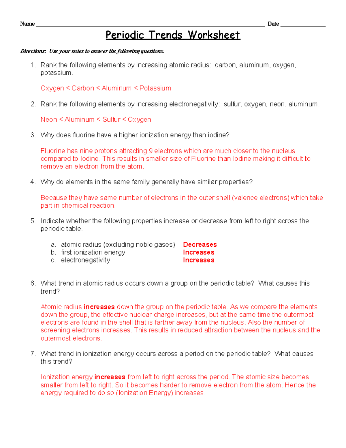 Periodic Trends Chemistry Worksheet Atomic Radius More