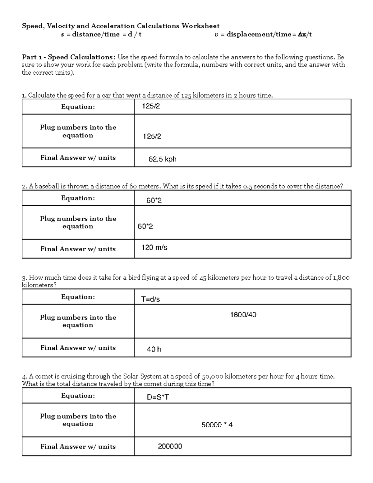 Physics 101 Speed Velocity Acceleration Calculations Worksheet Studocu