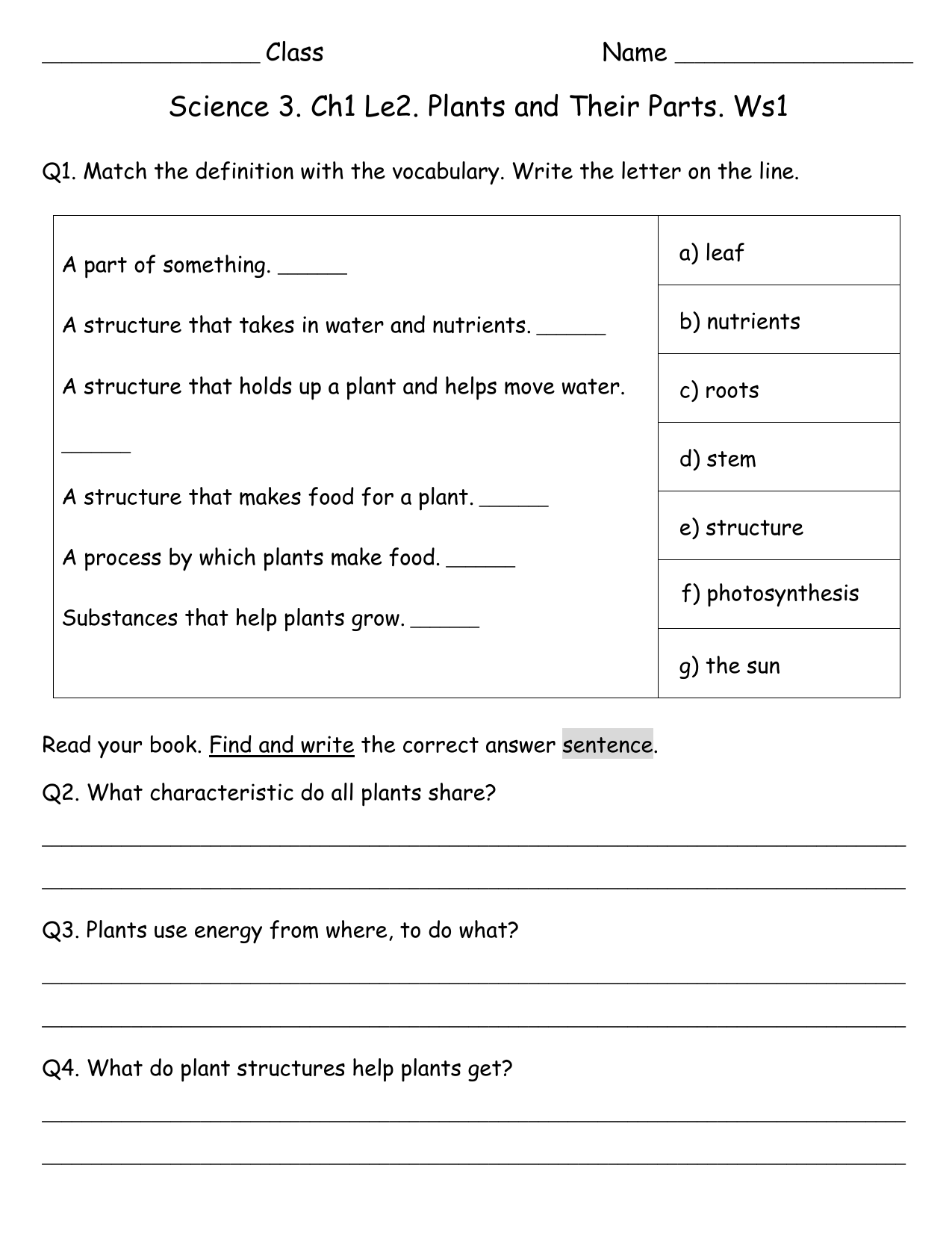 Plant Parts Photosynthesis Worksheet