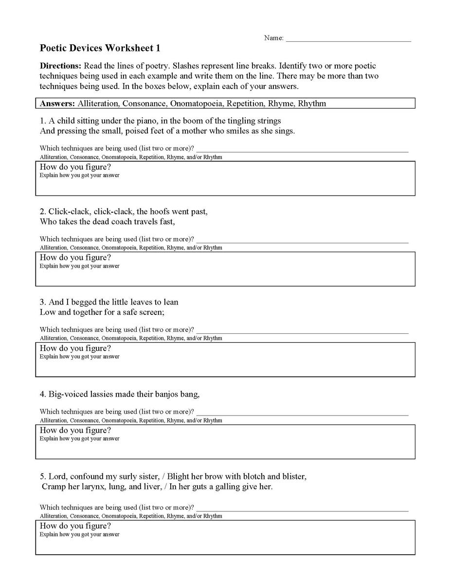 Poetic Devices Worksheet 1 Reading Activity Poetic Devices Worksheet 1 Reading Activity