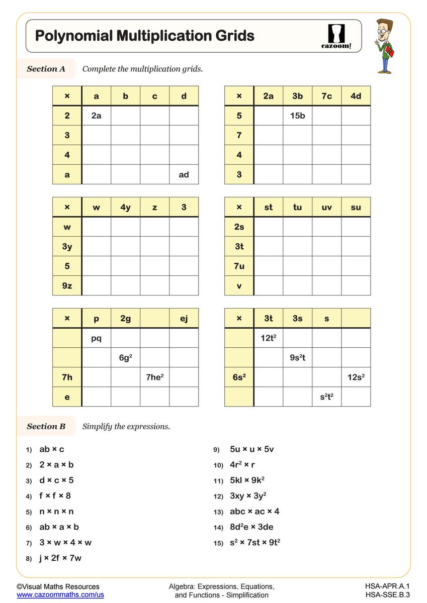 Polynomial Multiplication Grids Worksheet Algebra I PDF Worksheets Cazoom Math