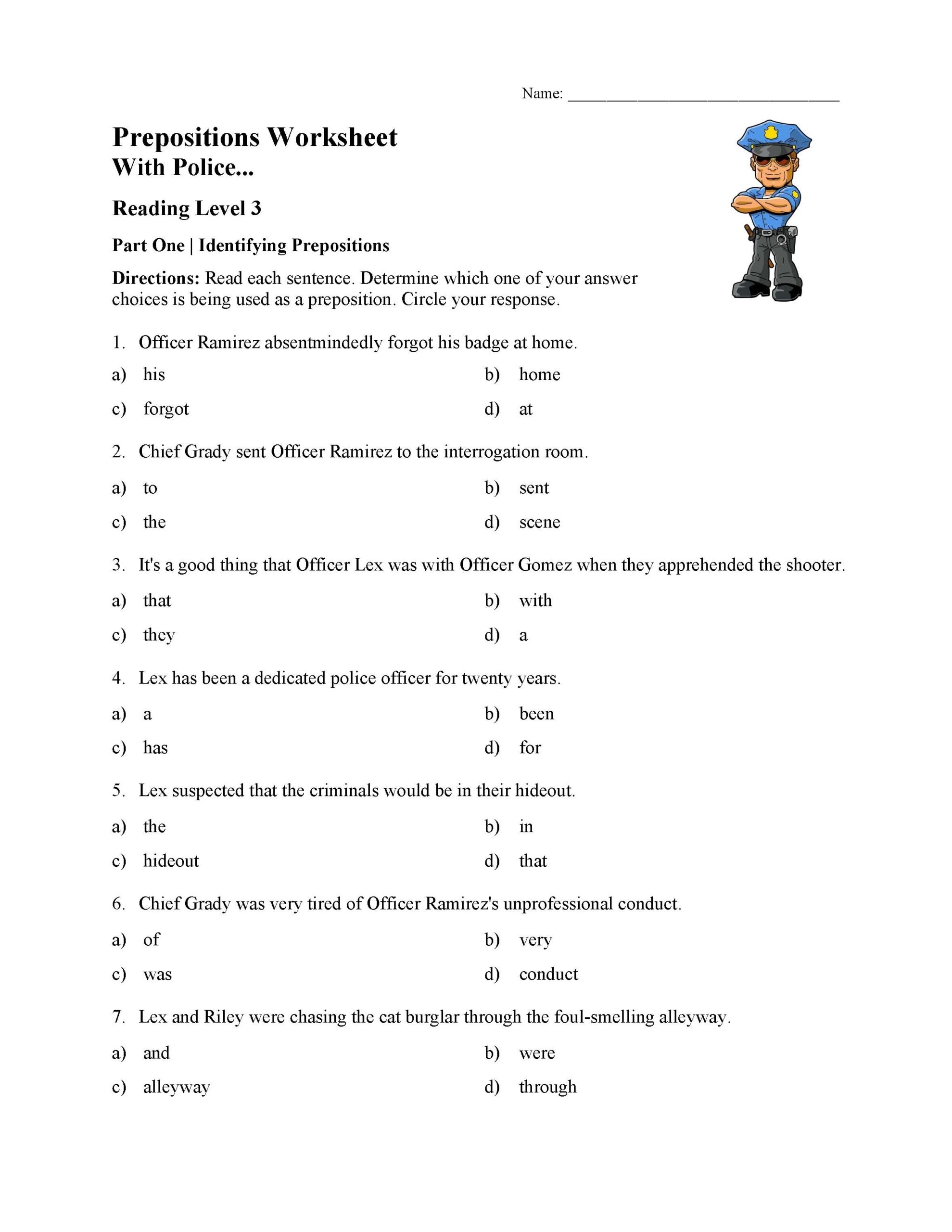 Preposition Worksheet 1 Reading Level 3 Preview Preposition Worksheet 1 Reading Level 3 Preview