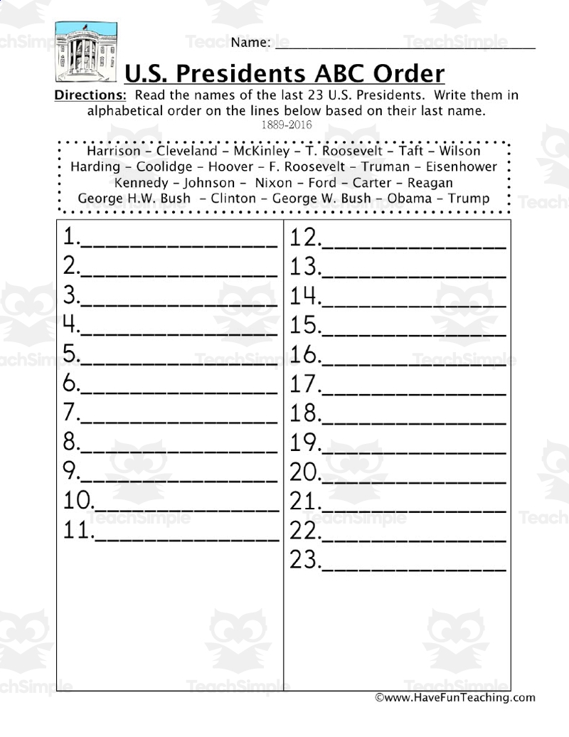 President s ABC Order Worksheet 2 By Teach Simple
