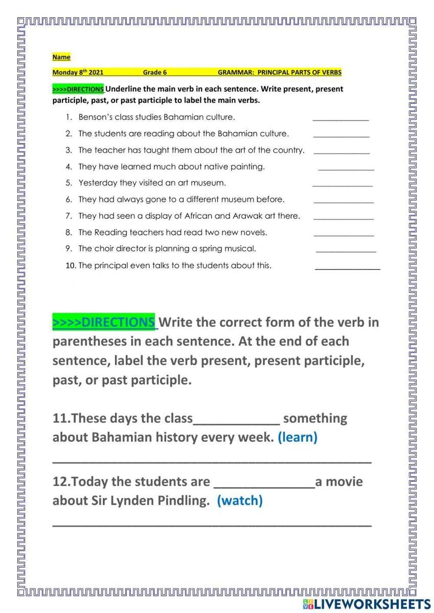 Principal Parts Of Verb Worksheet Worksheets Library