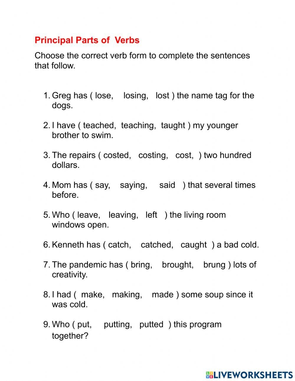 Principal Parts Of Verbs 2 Worksheet Worksheets Library