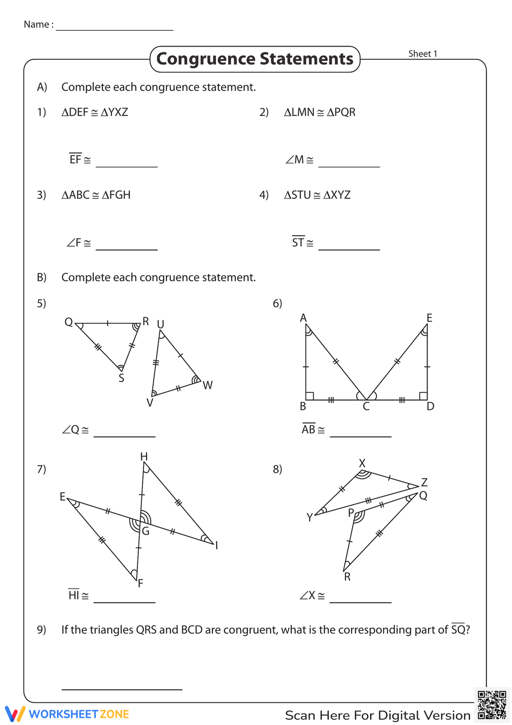 Printable Congruent Figures Fill In The Blanks Worksheets
