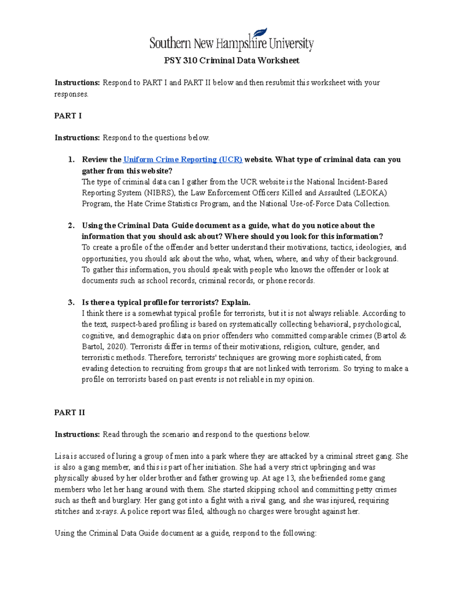 PSY 310 Worksheet Analyzing Criminal Data Profiles And Scenarios Studocu