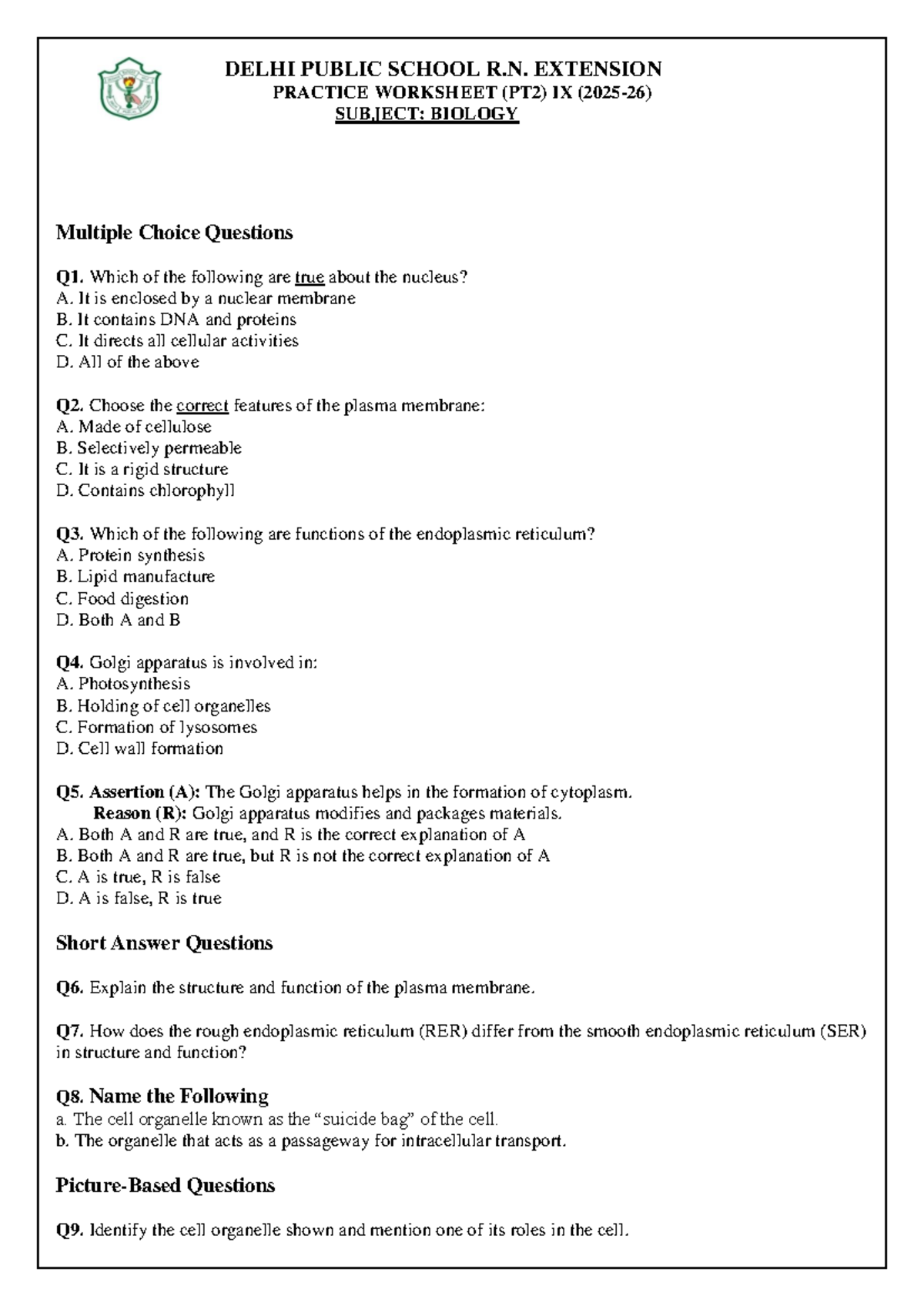 PT2 Biology Practice Worksheet MCQs Short Answers For IX Studocu