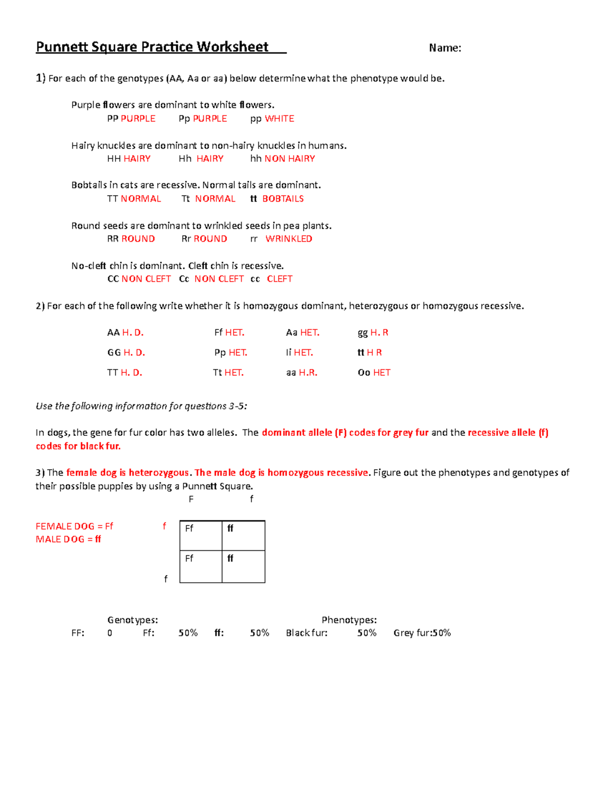 Punnett Square Practice Worksheet Answer Key 171e0l0 Studocu