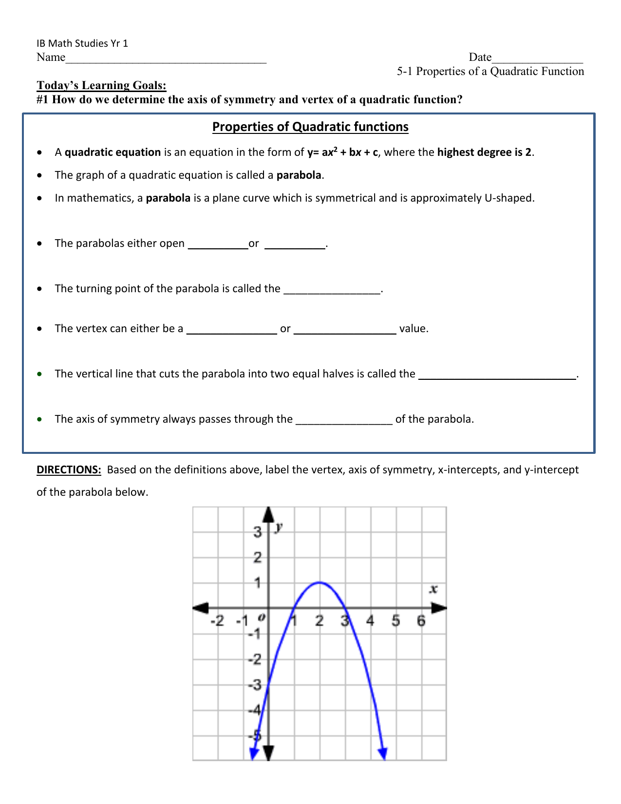 Quadratic Functions Worksheet Axis Vertex Intercepts Quadratic Functions Worksheet Axis Vertex Intercepts