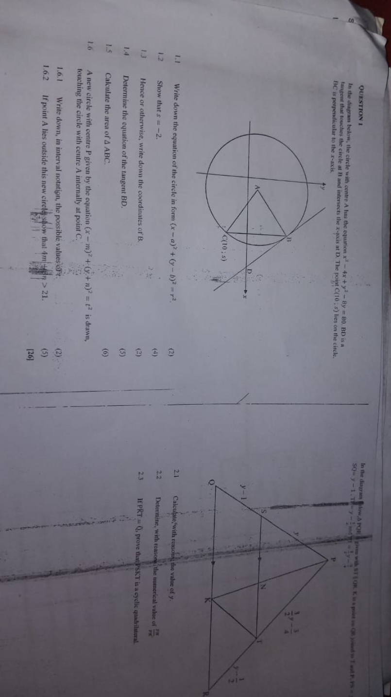 QUESTION 1 In The Diagram Below The Circle With Centre A Has The Equatio