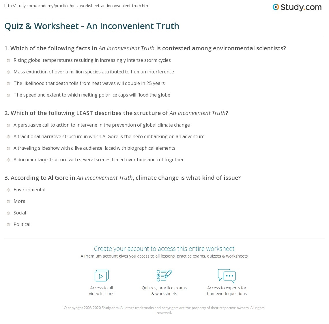 Quiz Worksheet An Inconvenient Truth Study Quiz Worksheet An Inconvenient Truth Study