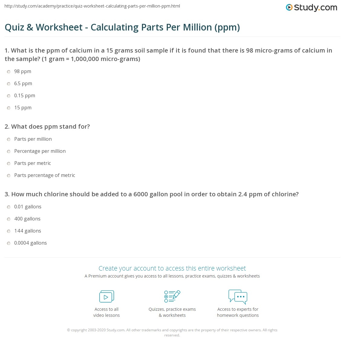 Quiz Worksheet Calculating Parts Per Million Ppm Study Parts Per Million WS PPM Practice Worksheet Chemical Worksheets Library