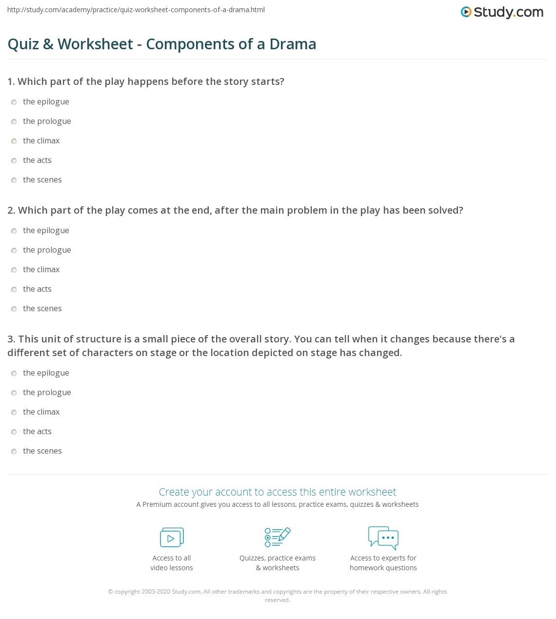 Quiz Worksheet Components Of A Drama Study
