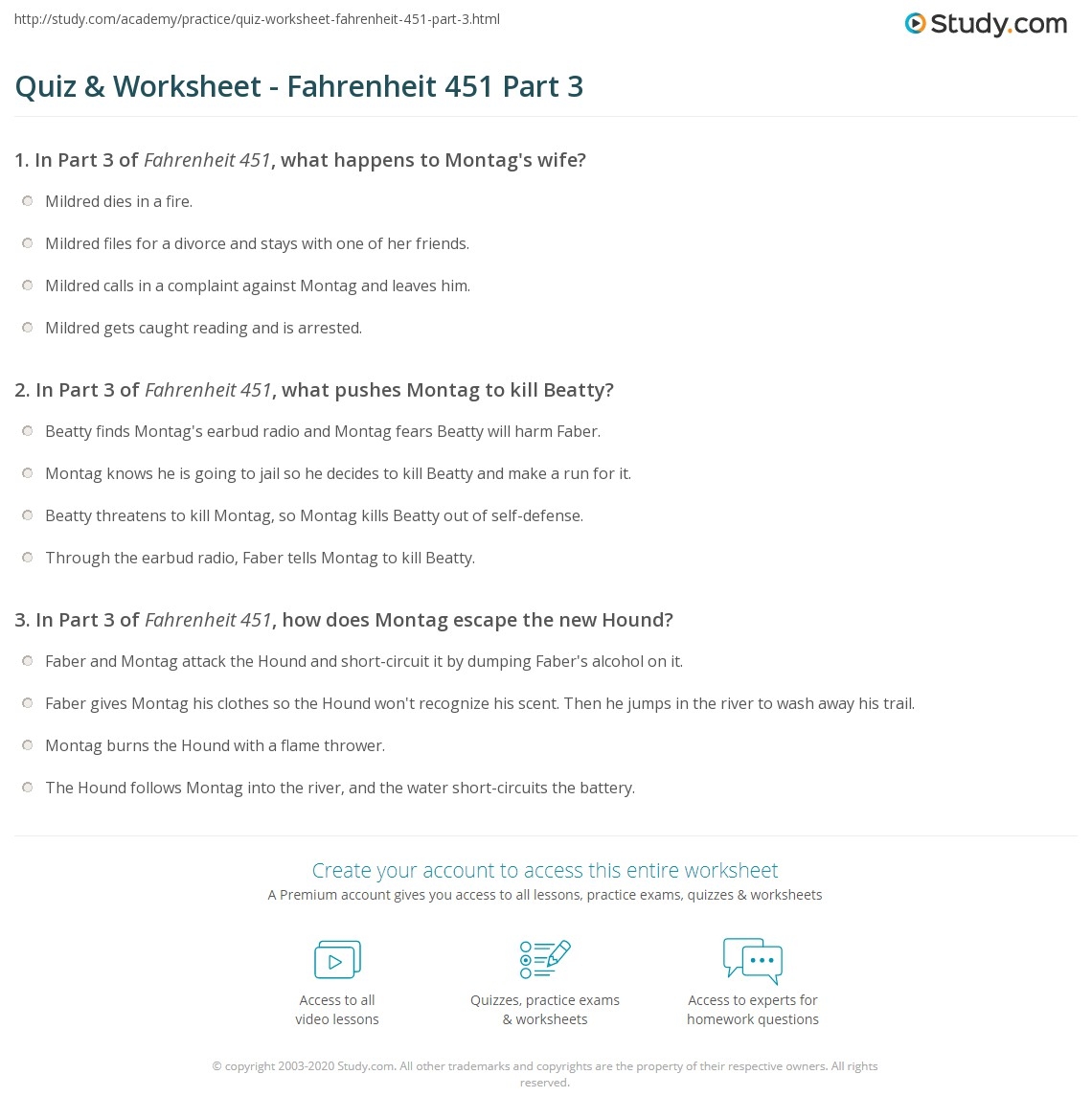 Quiz Worksheet Fahrenheit 451 Part 3 Study