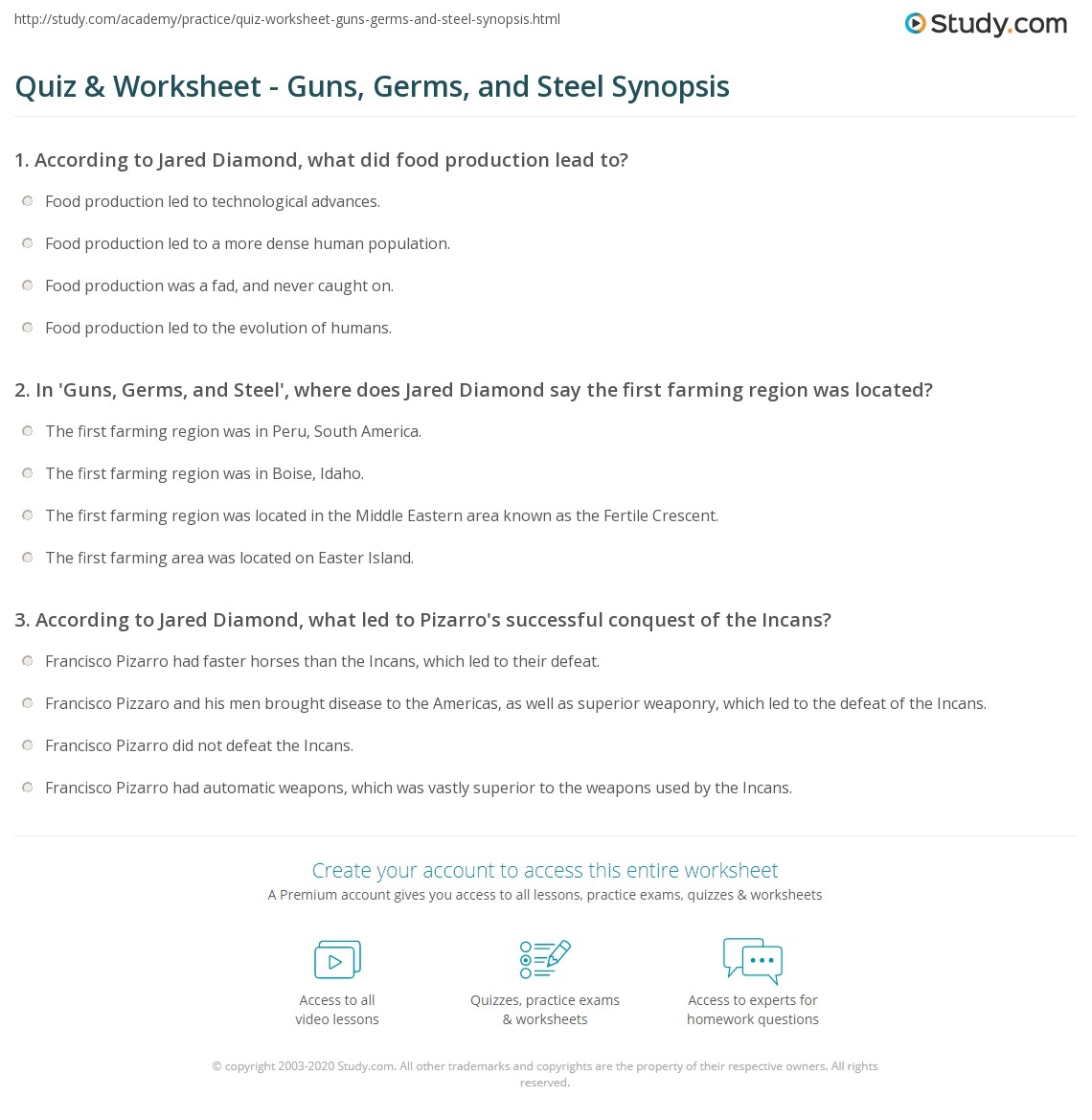 Quiz Worksheet Guns Germs And Steel Synopsis Study